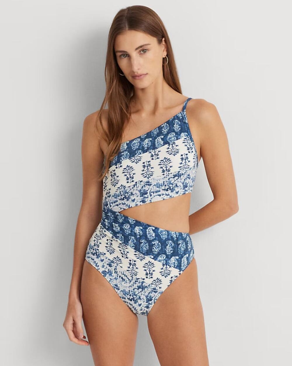 Lauren Ralph Lauren Printmix One Shoulder One Piece Swimsuit Size 8 Blue NWT